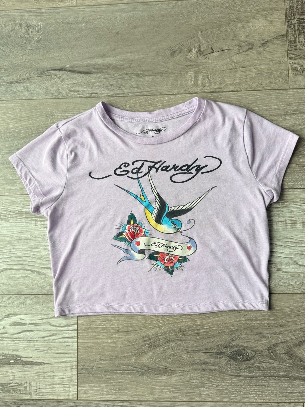 Ed Hardy Lavender Graphic Tee Girls Large Y2K Swallow Bird Tattoo Shirt
